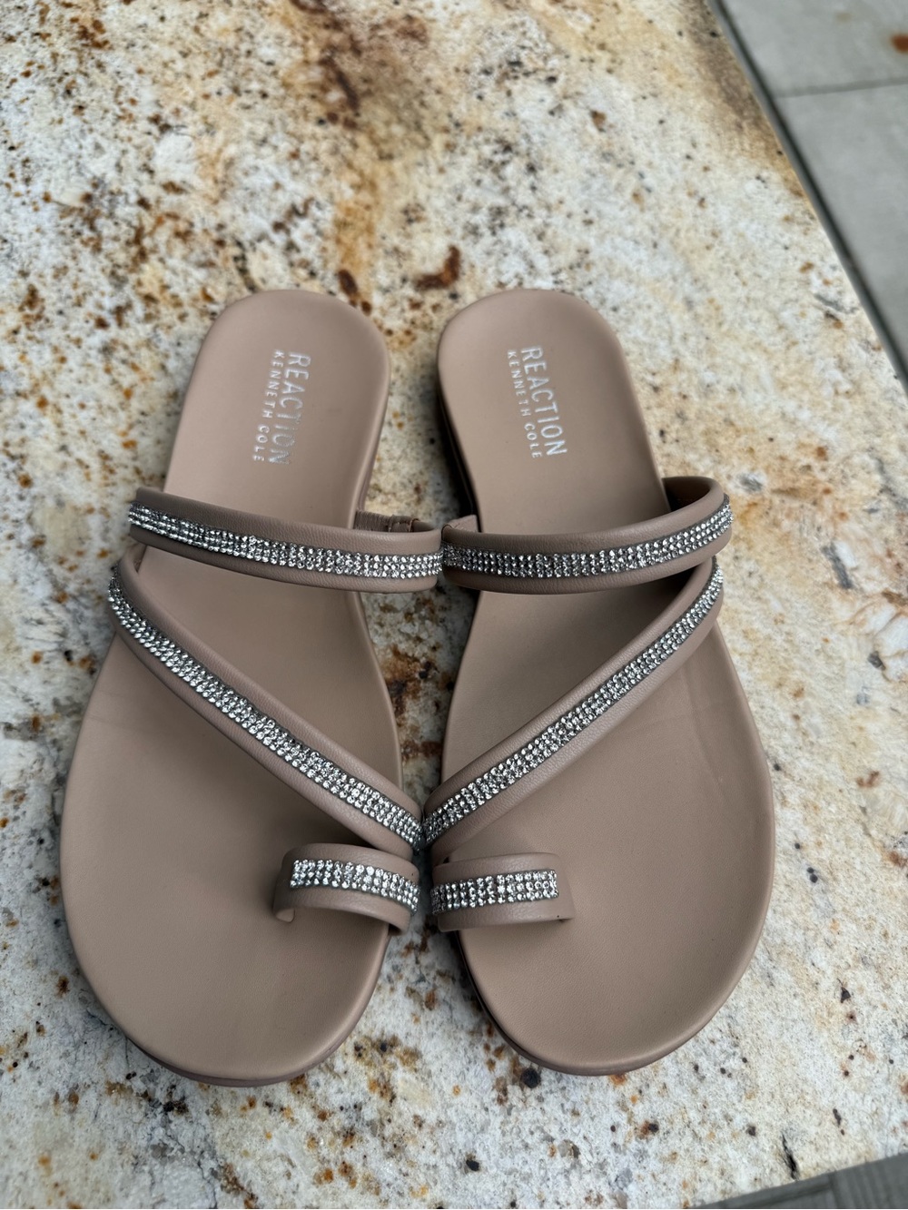 Kenneth Cole Reaction Taupe Slide Sandals with Rhinestone Straps